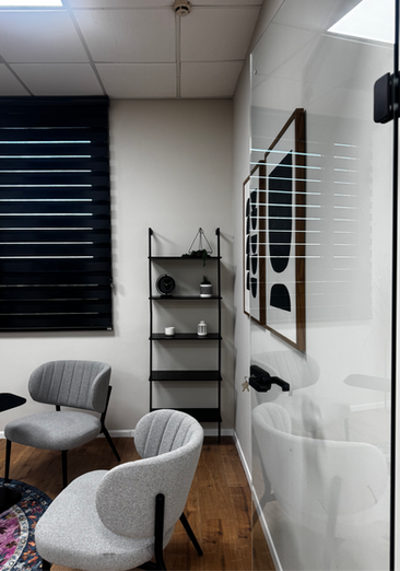 Modern waiting room with chairs, shelves, and abstract art for patients. VetroLux Pro מחיצות זכוכית