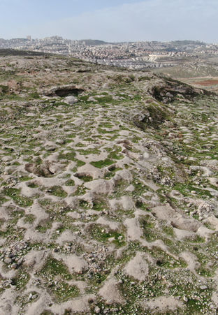 נוף סלעי צחיח עם בורות קטנים ועיר ברקע במדבר.