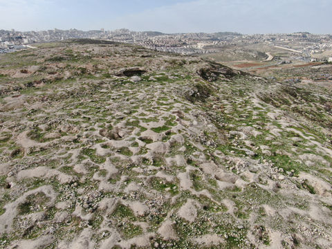 נוף סלעי צחיח עם בורות קטנים ועיר ברקע במדבר.
