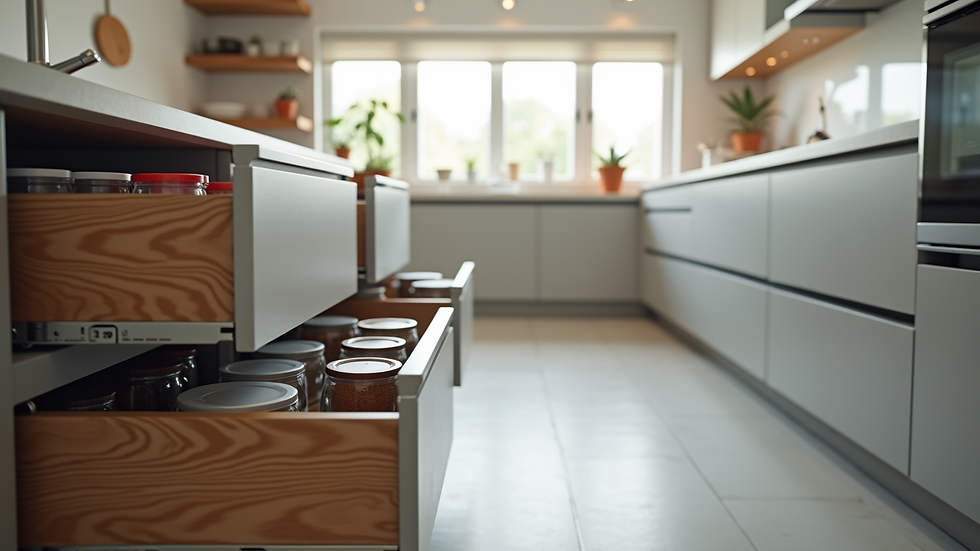 Eye-level view of a modern kitchen with organized drawers and containers