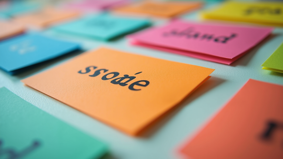 Close-up of colorful flashcards with foreign language words