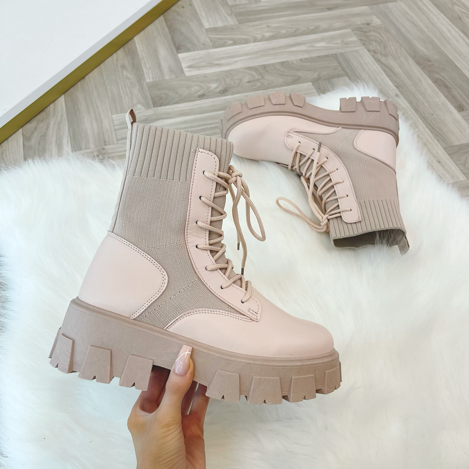 CAPRI Nude Lace Up Chunky Sock Boots 