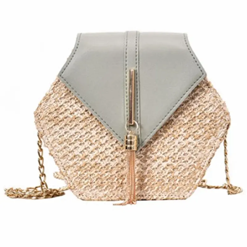 Miniatura: Bolsa Feminina Hexagonal em Palha e Couro