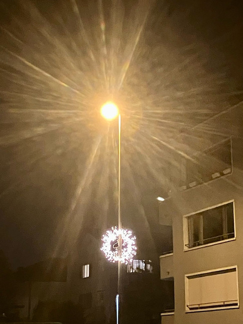 Tina’s Christmas wreaths installed outside her villa at night