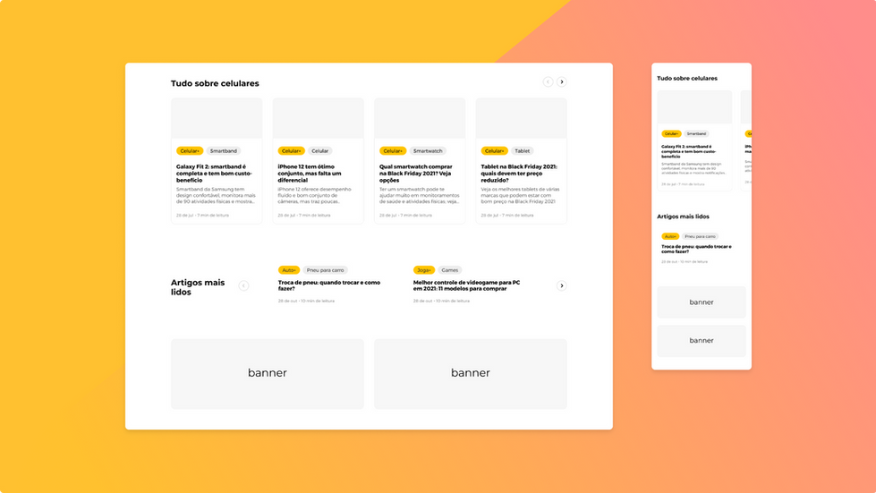 Componentes de card em carrossel, de artigos mais lidos e de banners.