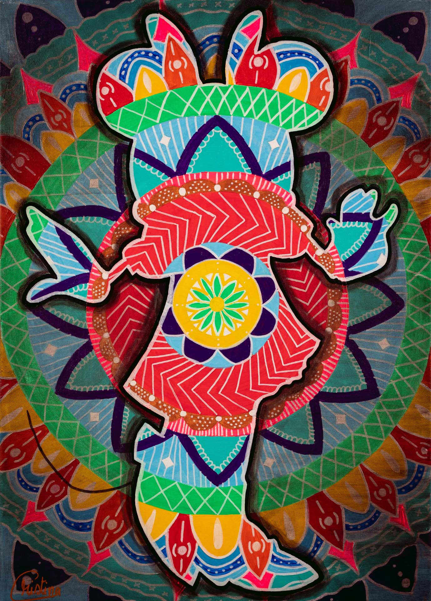 Minnie Mouse Boho style painting on a colorful mandala-inspired backdrop