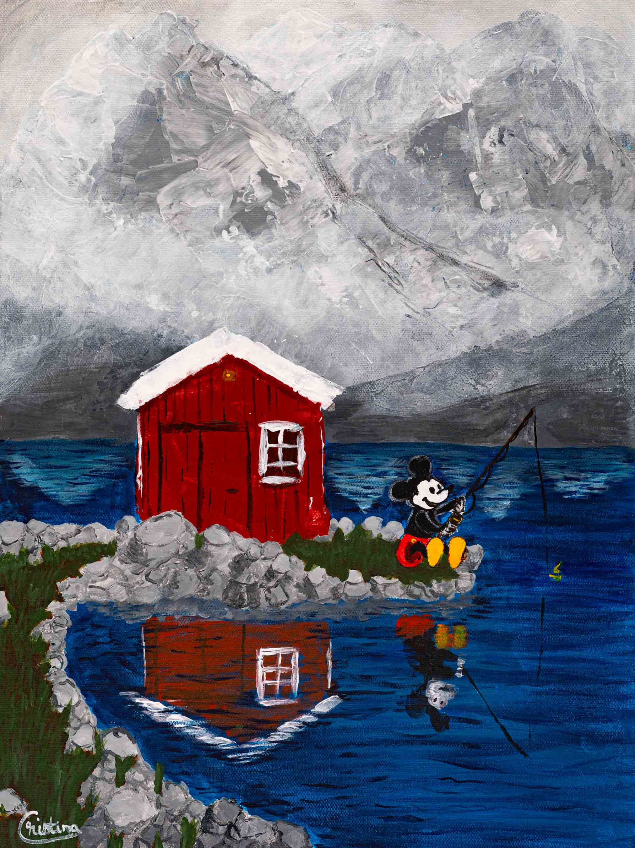 Peace and quiet - Mickey Mouse painting for nature and fishing lovers