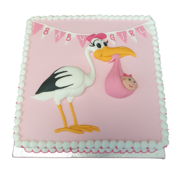 Bespoke Stork Baby cake with pastel decorations and a fondant stork topper, crafted in Solihull, West Midlands.