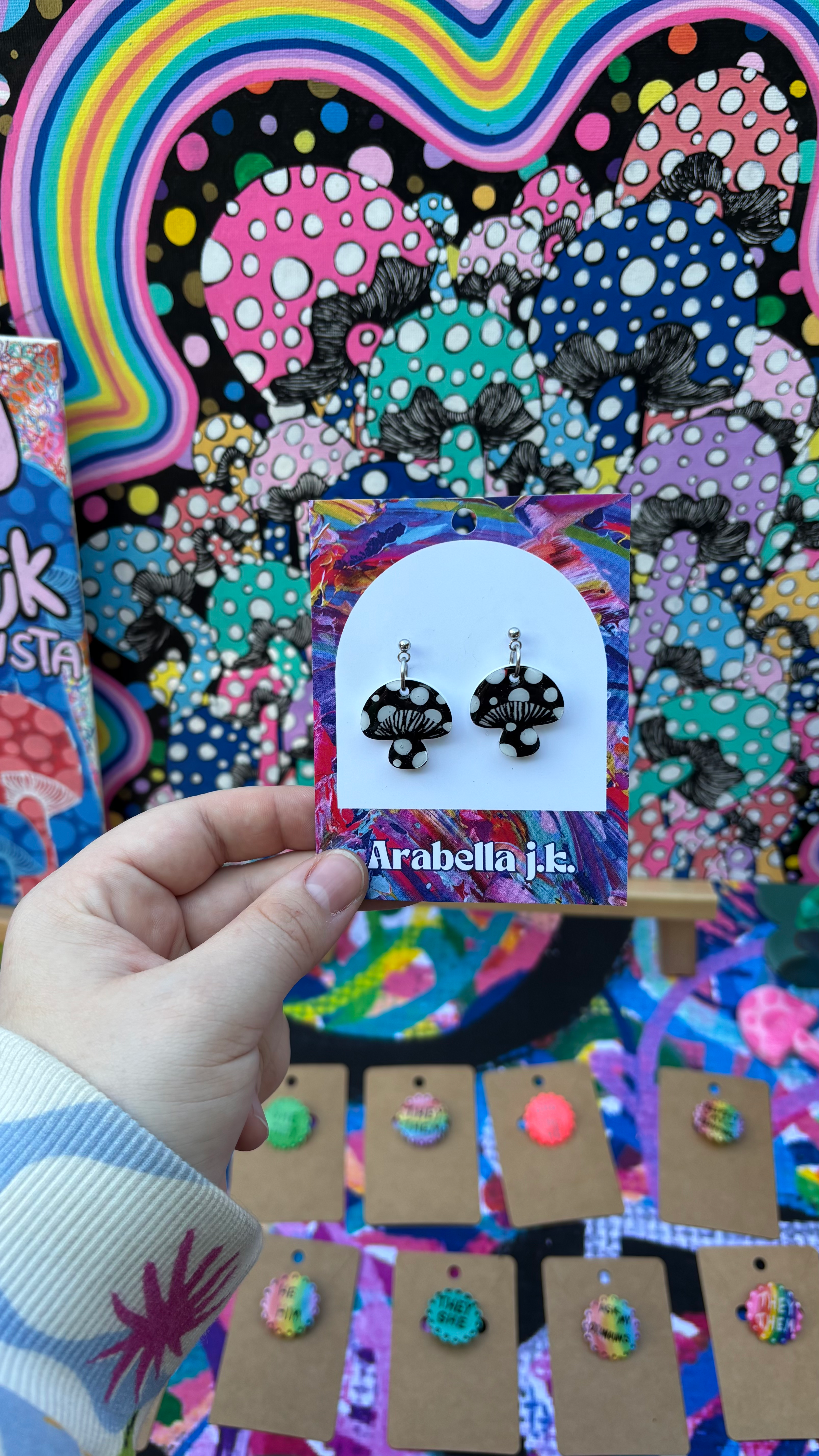 Black/White Mini Classic Mushroom Earrings