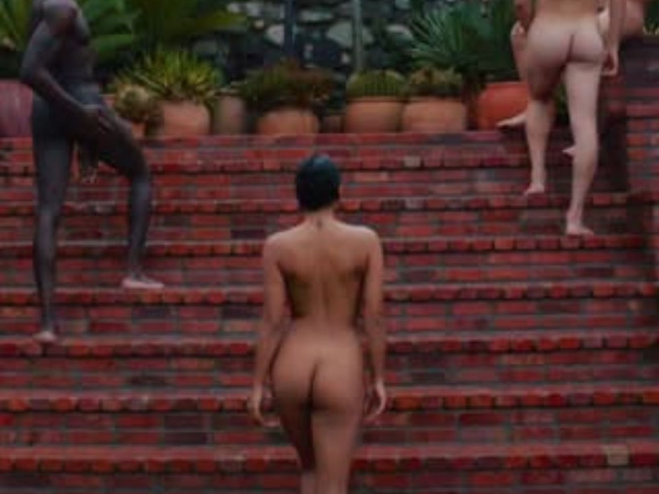 Flamingo Estates Three nude people ascending brick stairs surrounded by potted plants. The setting appears natural, evoking a serene and relaxed mood.