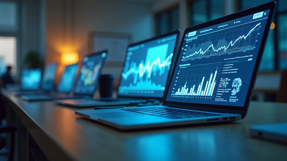 Eye-level view of a modern office workspace with multiple laptops and cloud data charts