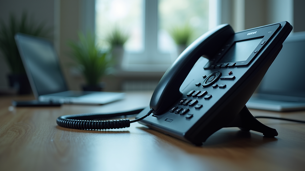 Close-up view of IP phone on office desk with network cables