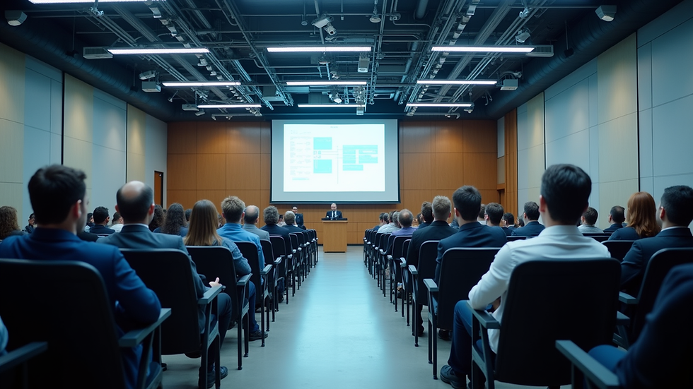Eye-level view of a mechanical engineering conference hall filled with professionals