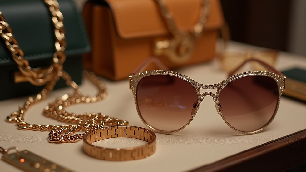 Close-up of luxury fashion accessories displayed elegantly
