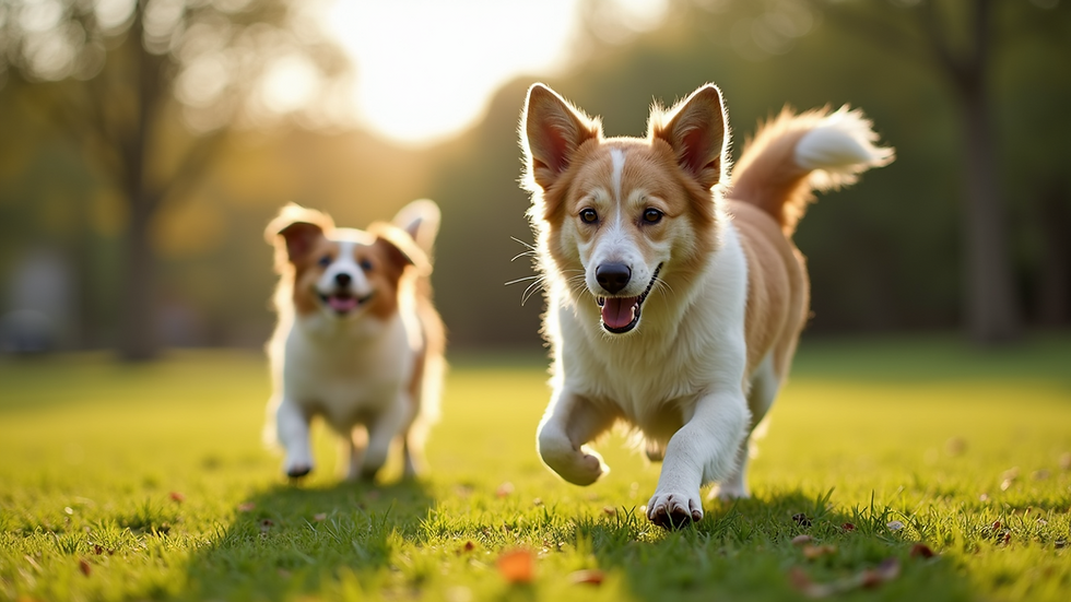 Eye-level view of a happy dog playing with a friend in the park