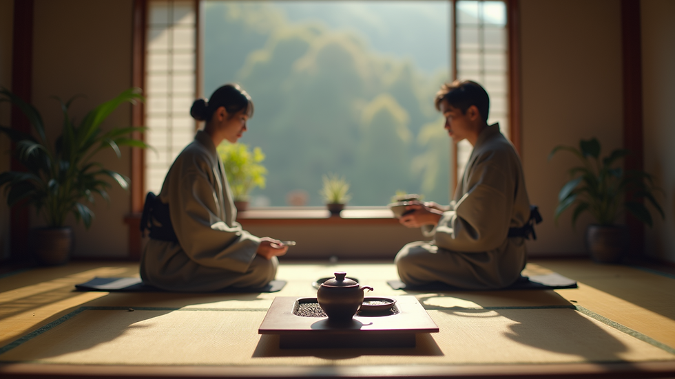 Wide angle view of a traditional Japanese tea ceremony