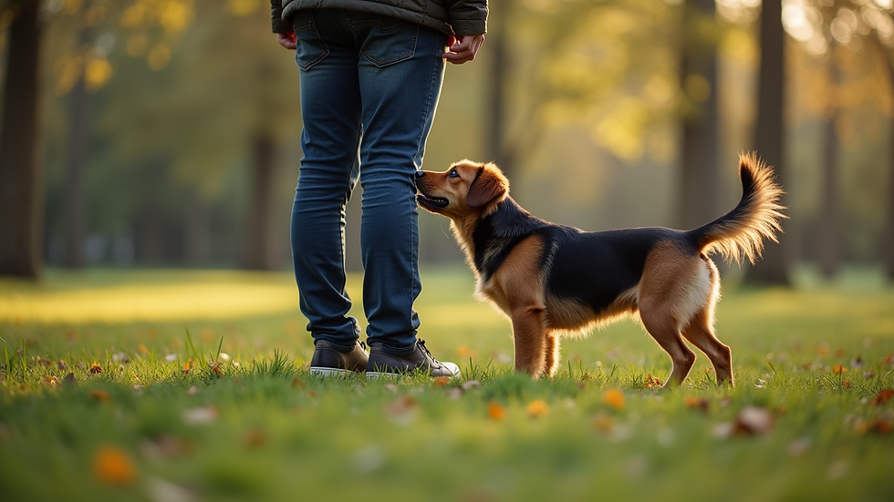 Close-up view of a dog sniffing a person's legs at a park
