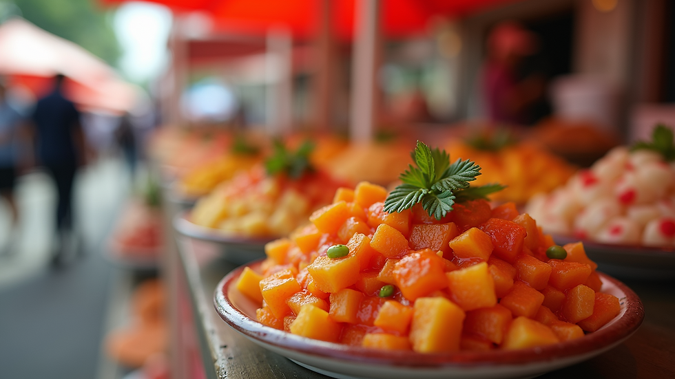 Eye-level view of colorful food at a Japanese festival