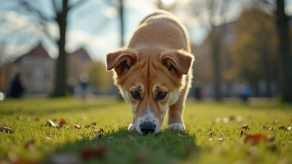 Eye-level view of a curious dog sniffing the ground in a park