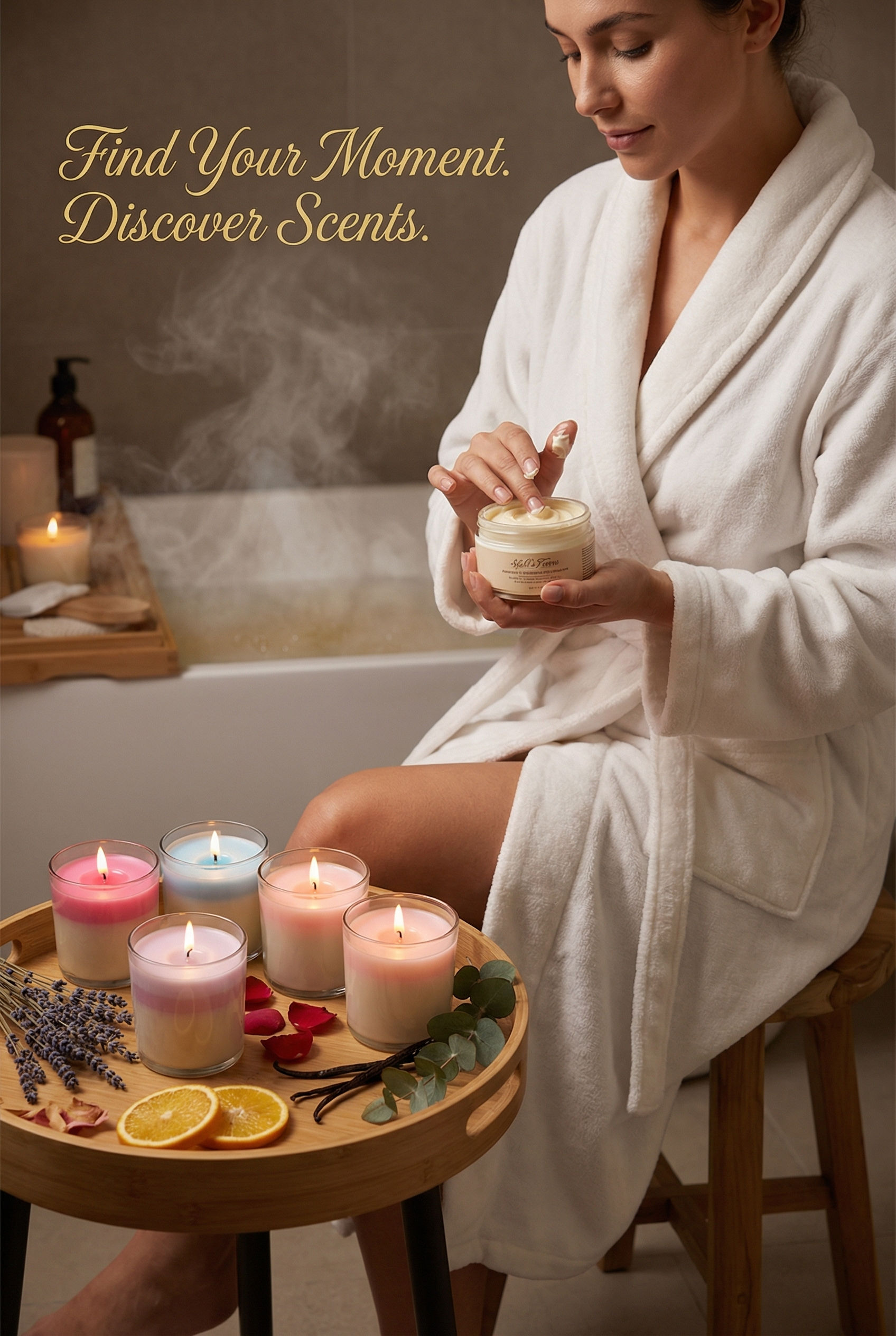 Woman putting cream on her hands while soy candles sit on a table in front of of her