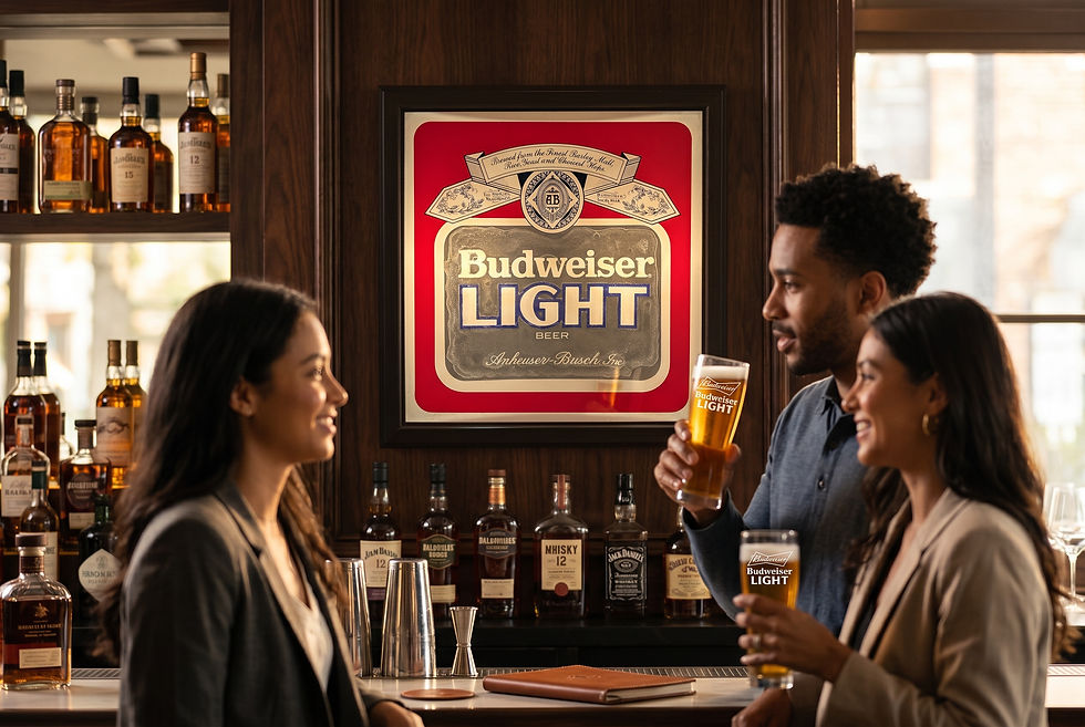 Thumbnail: Mirrored Beer sign lighted up on the wall of a pub