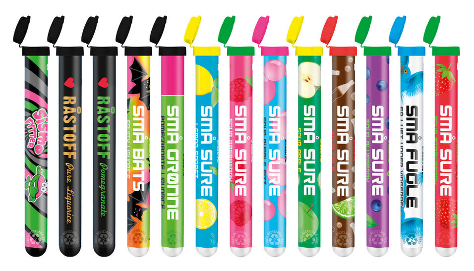 Heldækkende etiketter på Råstoff, SMÅ SHOTS og Sismofytter shotsrør