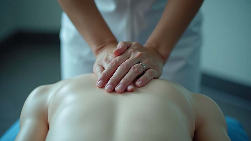 Close-up view of a person performing CPR on a mannequin
