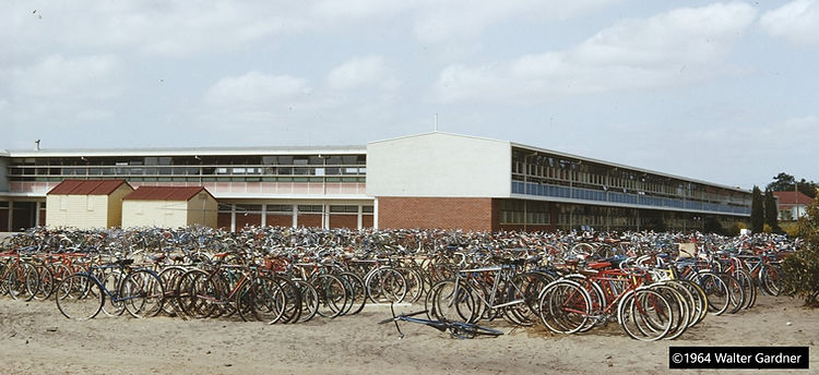 199315PD, Bicycles outside Tuart High School, Western Australia, 1964