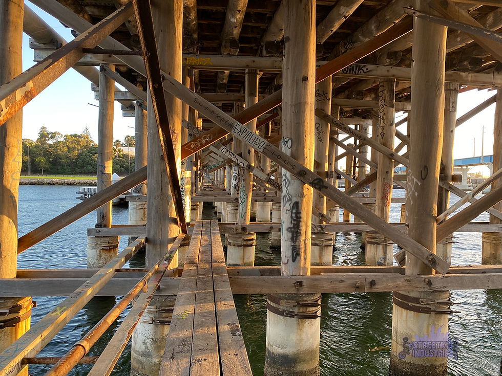 Timber supports and cross-bracing beneath the Fremantle Traffic Bridge. Photo © Delphine Jamet, Streetkid Industries.