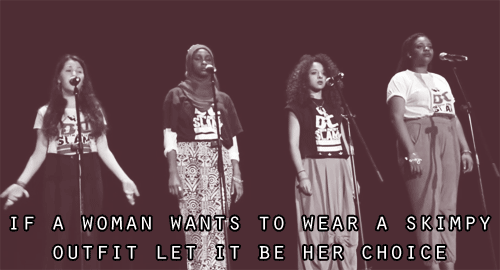 Poet Slam girls advocating their rights to wear what they want, performing spoken word poetry before a live audience and a panel of judges