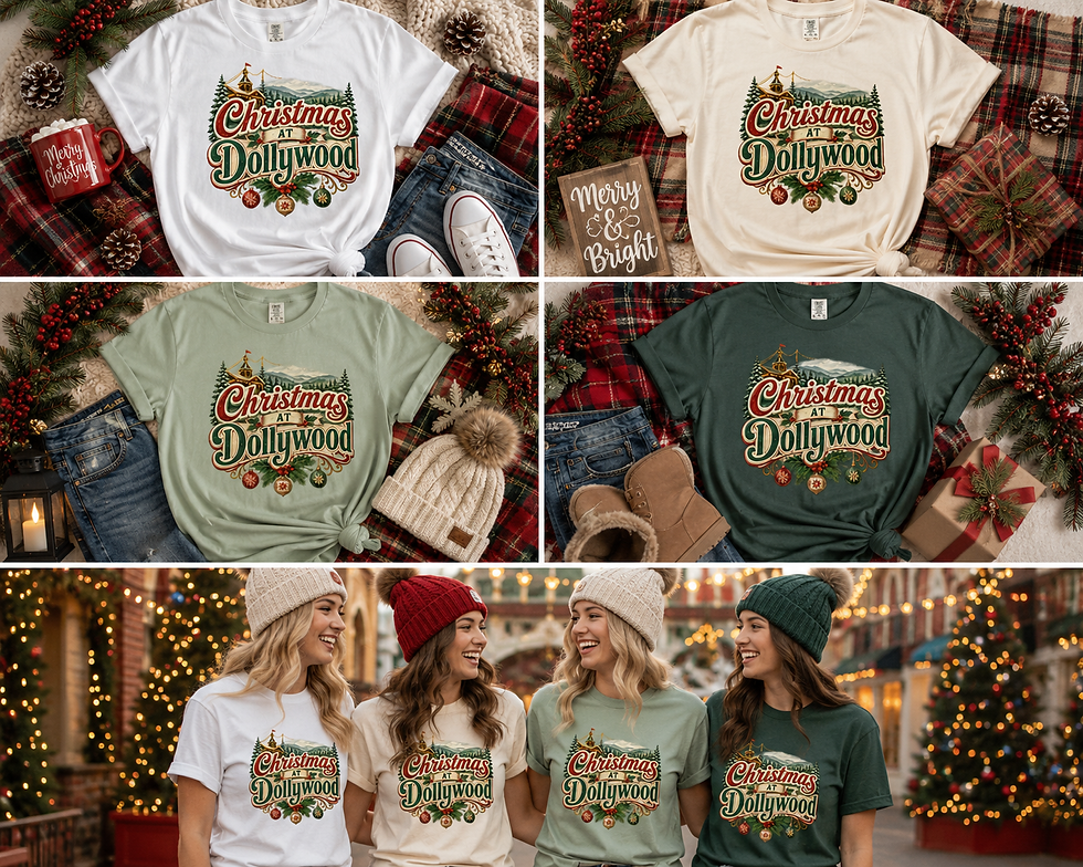 Thumbnail: Dollywood Christmas shirt mockup collage with holiday flat lays