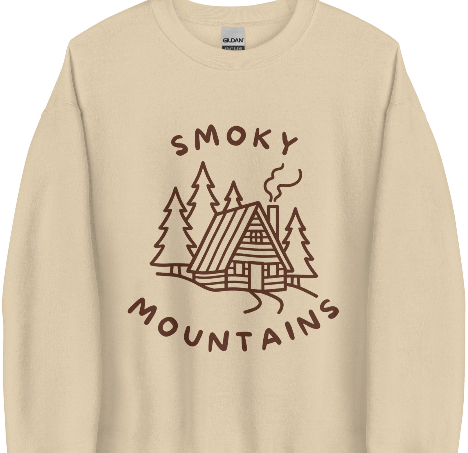 Sand smoky mountains sweatshirt with brown cabin and pine tree line art