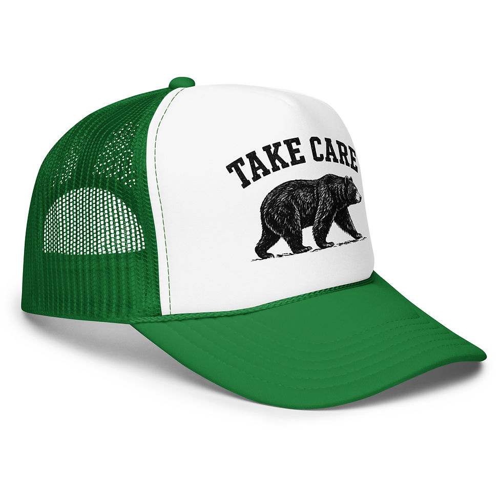 Thumbnail: Green and white black bear cap with TAKE CARE design, angled view