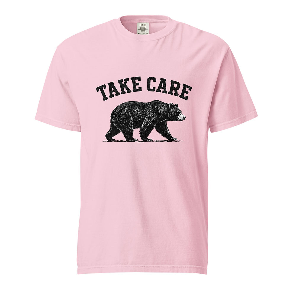 Thumbnail: Hank of the Smokies shirt in light pink with walking black bear and Take Care design