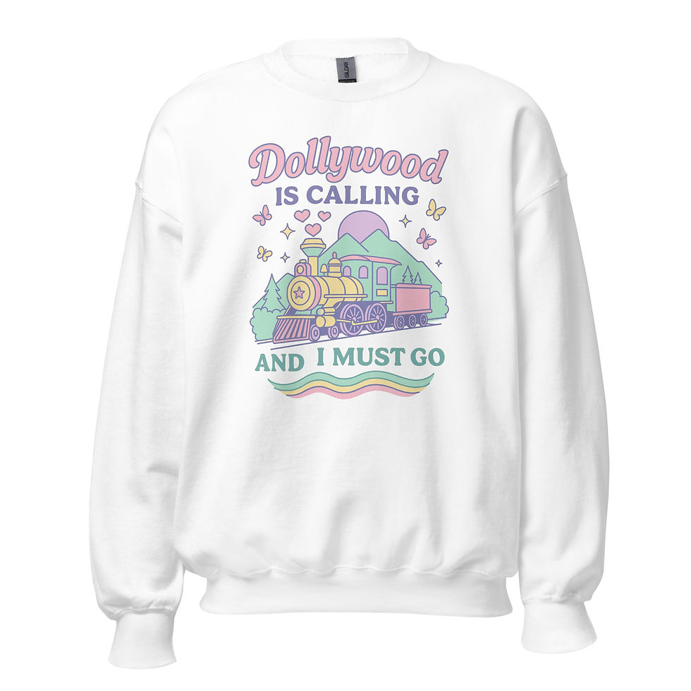 Thumbnail: Dollywood Sweatshirt in white with colorful “Dollywood Is Calling and I Must Go” train and mountain graphic