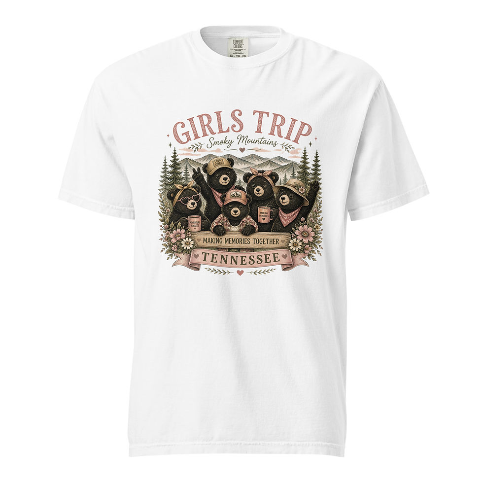 Thumbnail: Girls trip Smoky Mountains Comfort Colors shirt in white featuring five black bears, mountain scenery, flowers, and Tennessee