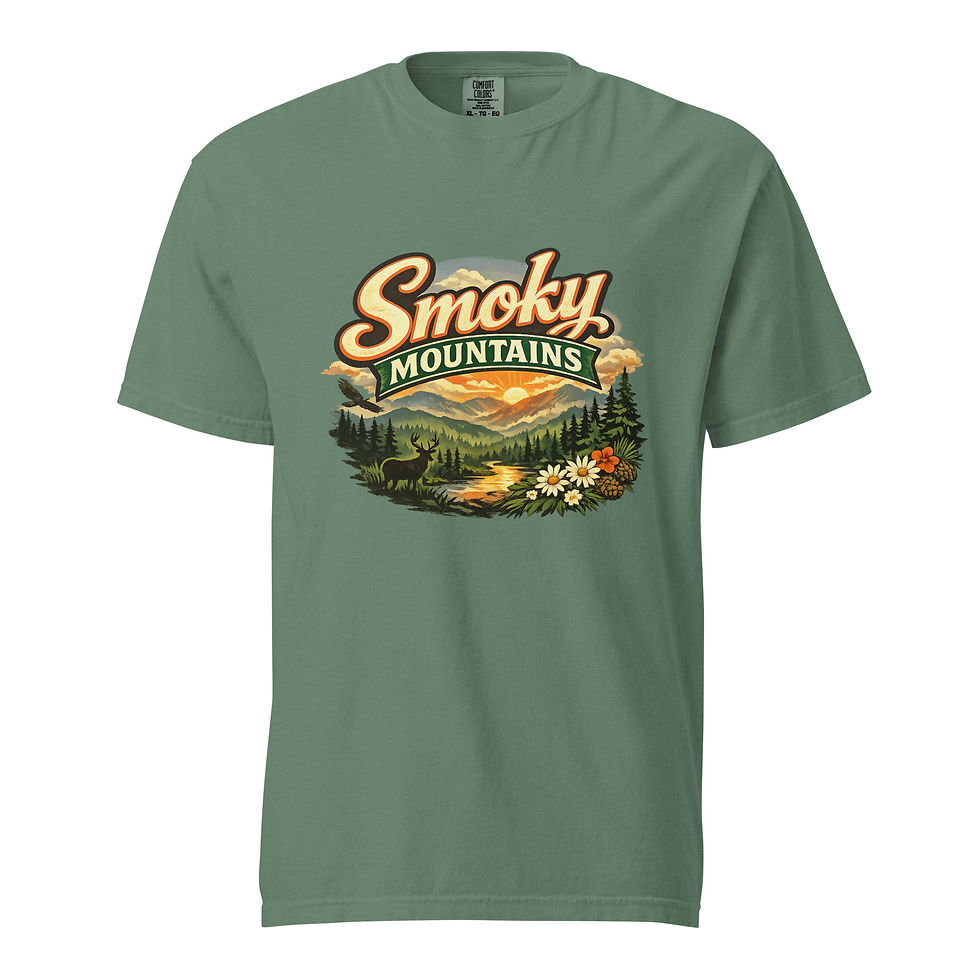 Thumbnail: Smoky Mountains shirt in forest green with retro mountain landscape, river, deer, eagle, and flowers
