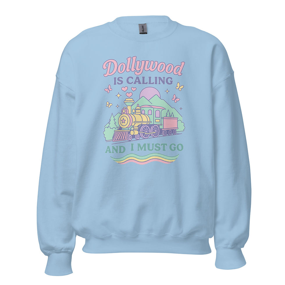 Dollywood Sweatshirt in light blue with pastel train, mountains, butterflies, and “Dollywood Is Calling and I Must Go” design