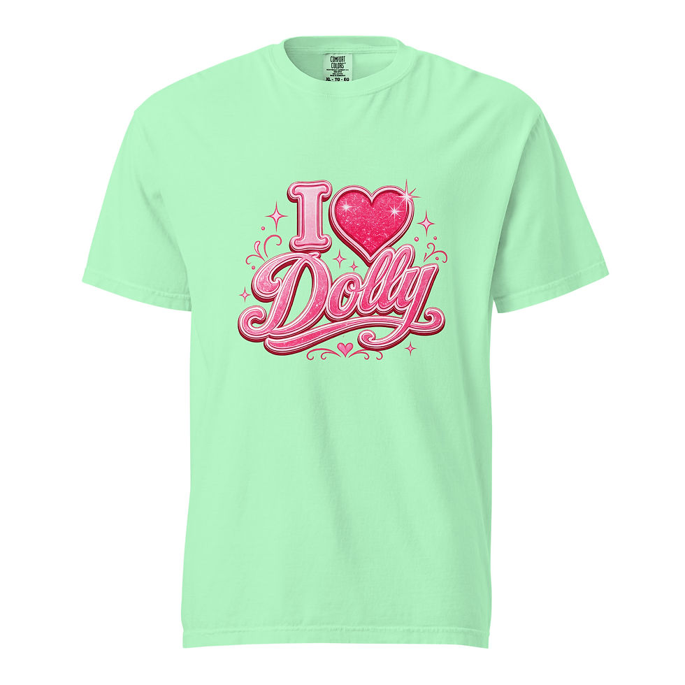 Thumbnail: Light green Dolly shirt featuring pink glitter Dolly lettering