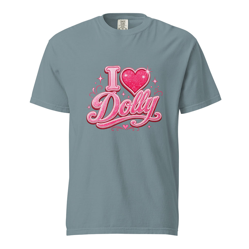Sage green Dolly shirt with sparkling pink I Love Dolly graphic