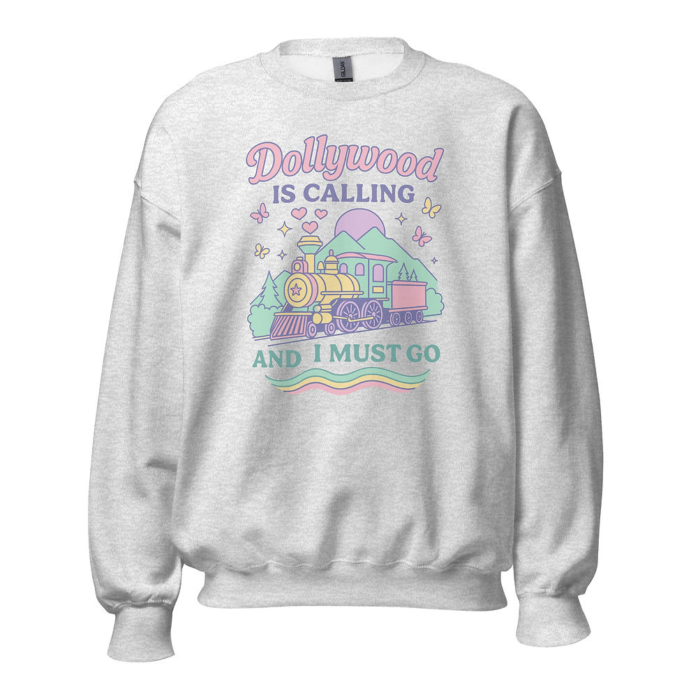 Thumbnail: Dollywood Sweatshirt in sport gray with retro pastel Dollywood train, mountains, butterflies, and vacation design