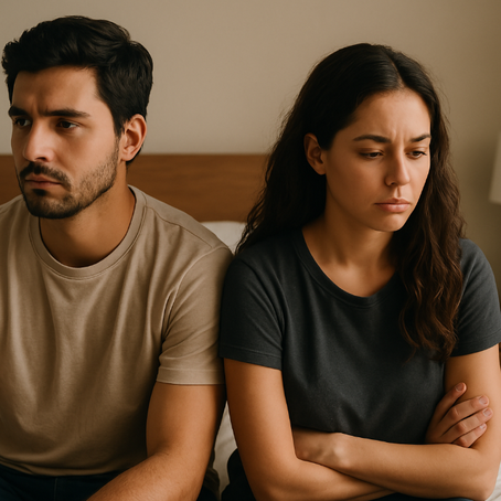 A quiet moment between partners—distance felt in closeness. Their physical proximity contrasts with the emotional gap, capturing the subtle ache of fading intimacy when affection no longer feels instinctive.