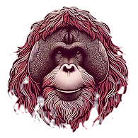 Stylised line drawing of an orangutan head facing the viewer