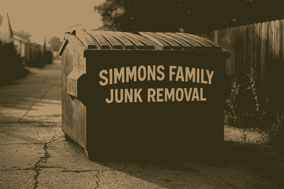 Dumpster marked "Simmons Family Junk Removal" in a sepia-toned alley with cracked pavement, bordered by a wooden fence and vegetation.