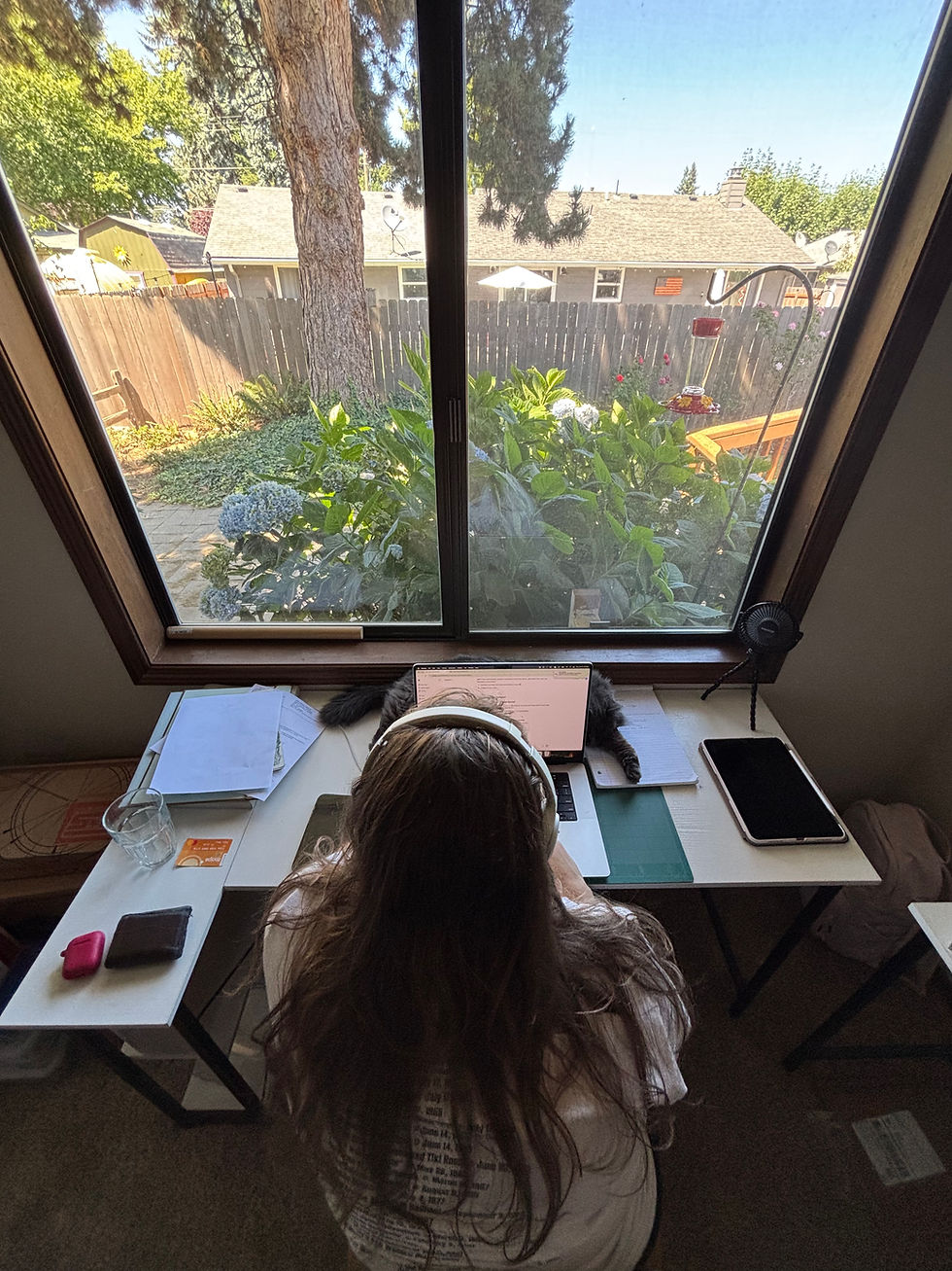 Emily working at her desk while her brothers cat Willow sleeps behind her Laptop