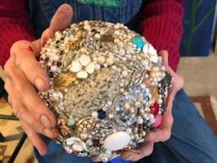 “The Imperial Egg (Homage to Faberge)” (Nanny’s costume jewelry, glue, styrofoam craft ball)