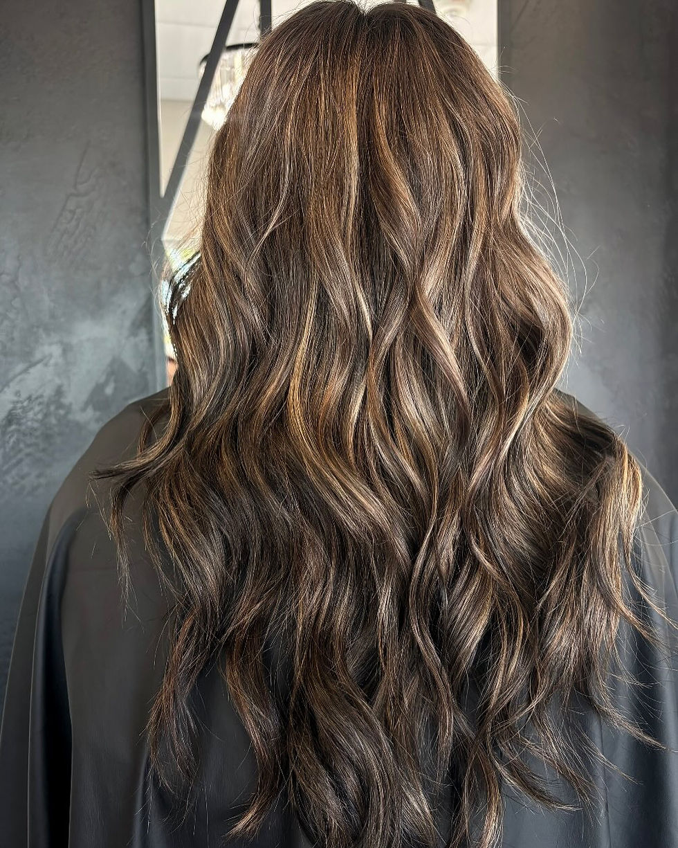 Back view of a client's hair with a fresh brunette bayalage.