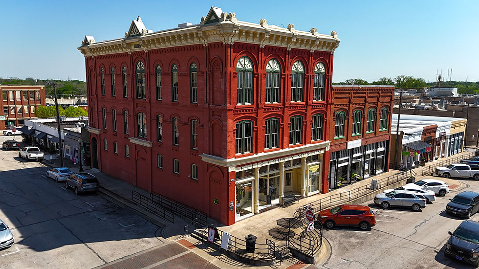 Aerial view of the Ellis County Museum building in historic Downtown Waxahachie, Texas