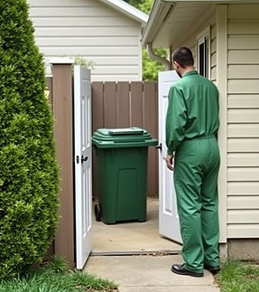 someone in a green jumpsuit opening a backyard gate on the side of a house revealing a gre