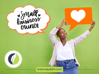 Woman standing holding a speaking bubble to the right up high that has a white heart inside and to her left there’s a thinking bubble that says Small Business Owner.